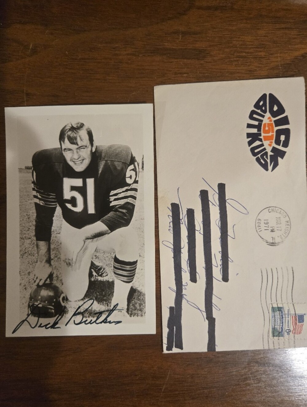 Autograph Black and White Football Photo Of Dick Butkus Chicago Bears 1971 Date